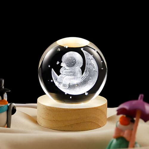Image of 3D Moon Crystal Ball Lamp with Dimmable LED and Wooden Base, Night Light for Kids Teens Adults, Home Desk Office Bedroom Decor, Birthday Gift (2.4 inch / 6cm)