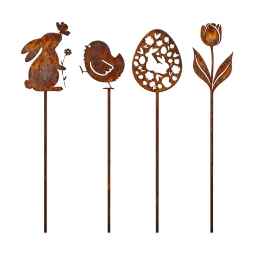 QijAOPD Osterdeko Outdoor Gartenstecker Ostern 4er Set, Metall Blumenstecker Mit Hase Küken Blume & Ei, Gartendeko Frühling Für Balkon Garten Outdoor, Ca. 30 cm, Ostern Deko
