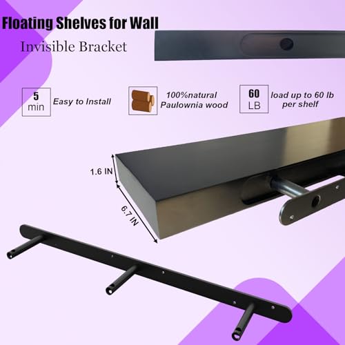 Image of IAE Floating Wall Shelves 55 inch,Bathroom Shelving Wall Mounted,Invisible Shelving Floating Kitchen Shelves,Wooden wall Shelf with Brackets for Living Room wall Mounted,Easy Install,Set of 2,Black