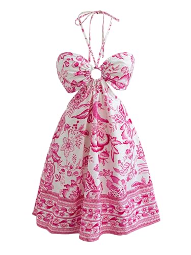 Image of Floerns Women's Floral Halter Neck Vacation Dress Sleeveless Cut Out Boho Cami Dress