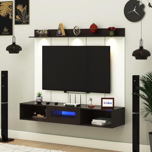 Image of Anikaa Novus PVC Back Panel Wall Mounted TV Unit with Spot & Blue Ambient LED Light - Acrylic Storage Box, Display Shelf & Soft-Close Hinges | Ideal for UP to 50 Inch TV (Wenge - DIY Installation)