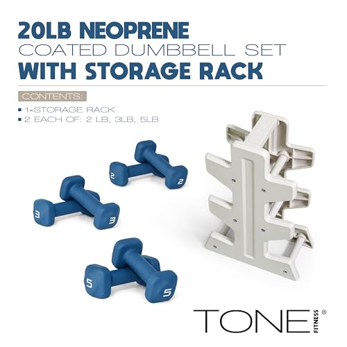 Image of Tone Fitness Neoprene Dumbbell Set with Storage Rack - Non-Slip, Anti-Roll Hand Weights for Home Gym Workouts | 20 lb, 32 lb, 50 lb, 60 lb & 100 lb Options