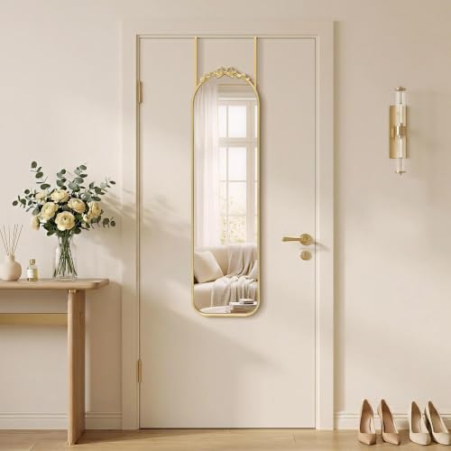 Image of Besdomus Door Mirror Full Length: 14 inchx50 inch Gold Bow Over The Door Hanging | French Antique Baroque Metal Framed - Traditional Ornate Full Body for Girls Bedroom /Cloakroom /Living Room - Ideal for Girl