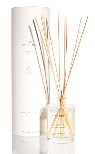Brooklyn Candle Studio Reed Scent Diffuser - Santorini - Relaxing Oil Diffuser, Sandalwood & Amber Fragrance, 8 Rattan Diffuser Reeds, Clean Ingredients - 4.4oz