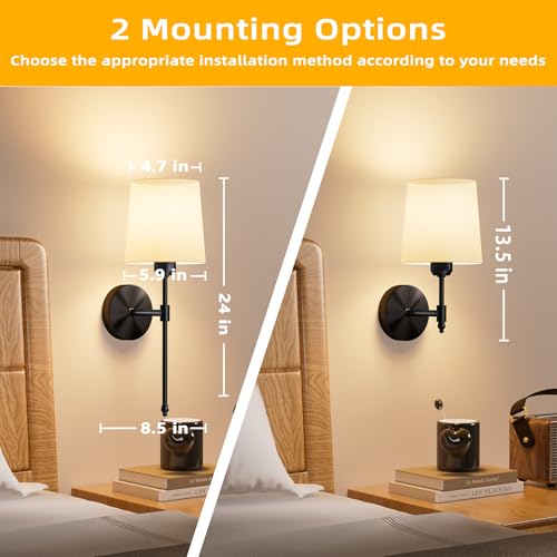 Image of Ouyulong Battery Operated Wall Sconces Set of 2, Wireless Rechargeable Dimmable Wall Light with 5600mAh RGB Bulb and Remote for Bedroom, Living Room, Hallway 24in Black
