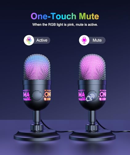 Image of USB Condenser Microphone for PC, RGB Gaming Mic with Plug & Play, Cardioid Pickup, Real-Time Monitoring, Tap-to-Mute, Gain Control for Streaming, Podcast, Recording on PC, Mac
