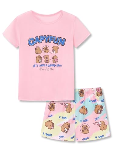 Topgal Little Girls Pajamas - Cute Pink & Capybara Graphic Kids 2-Piece Short Sleeves Shorts with Pockets PJS Size 10