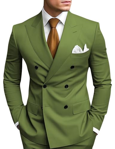 HANBANGWEI Mens Suit Olive Green Double Breasted Suit Classic Fit Wedding Suit Olive Green 2 Piece Business Suits for Men Double Breasted Jacket Men Olive Green Suit Set Prom Tuxedo Suit Men, L