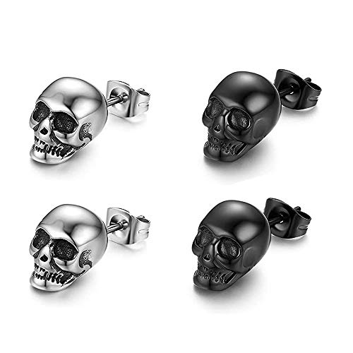 2 Pairs Punk Stainless Steel Stud Skull Earrings for Men Women Silver Black Rock Ear Piercing Earrings