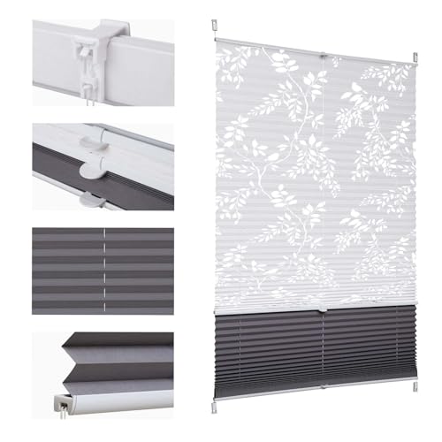 Sekey Plissee Doppelplissee Day+Night Verdunkelung ohne Bohren verspannt Lichtschutz Klemmfix Lichtdurchlässig Ausbrenner-Muster 105x130cm Druck & Grau