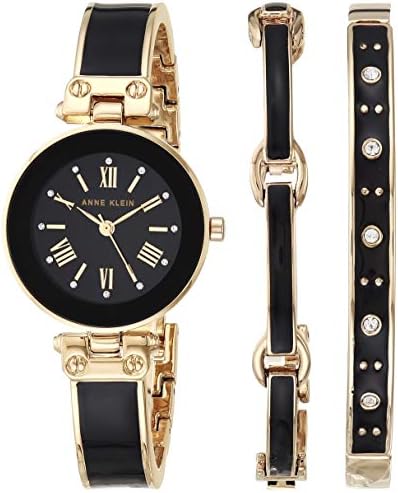 Anne Klein Women’s Premium Crystal Accented Gold-Tone and Black Bangle Watch Set, AK/3374BKST