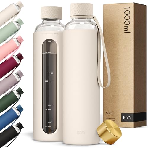 KIVY Glas Trinkflasche 1l mit Silikonschutz [KOHLENSÄURE GEEIGNET] Glasflasche 1 Liter - Wasserflasche 1l mit Messskala - Schlanke Glas Wasserflasche Ästhetisch - Auslaufsicher & Spülmaschinenfest