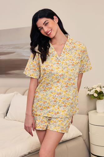 Image of LUBOT 100% Cotton Women's Pajamas Set Button-Down Two-piece PJ Set Short Sleeve Printed Patterned Summer Sleepwear Loungewear (Yellow Flower, 2XL)