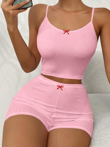 Image of Hilinker Womens Graphic 2 Piece Pajama Set Summer Cute Crop Cami and Shorts Ribbed Lounge Sets