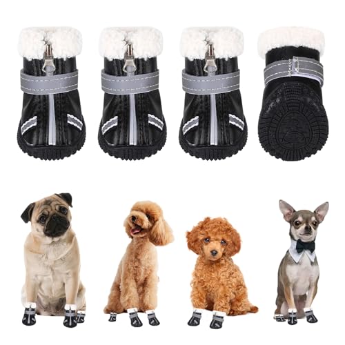 Waterproof Dog Boots, Fleece Dog Shoes with Reflective Straps Winter Dog Paw Protector Warm Dog Booties for Injured Paws Anti-slip Dog Walking Boots Outdoor for Small, Medium Dogs, Puppy (L)