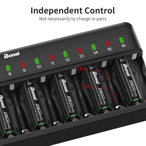 BONAI 16 Slots Chargeur Piles Rechargeable pour AA/AAA Ni-MH, Contrôle Indépendant par Slot, LED Intelligente, Détection Automatique des Piles Non-Rechargeables, Détection de température Excessive – vue 6