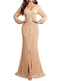 Women's Sexy Long Sleeve V Neck Sequin Long Formal Party Dress Evening Gown Gold