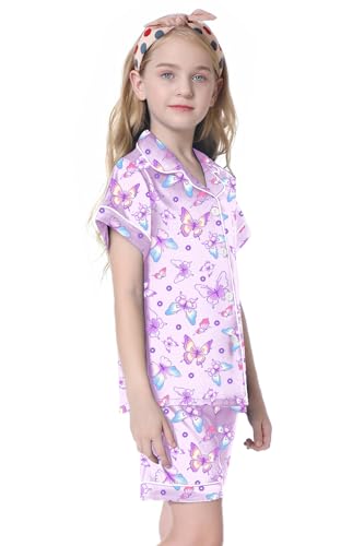 Image of Umeyda Women & Girls Pajamas Set, Soft Satin Lightweight Silk Button-Down Top with Shorts 2 Piece PJS for Mom Boys Kids Gifts