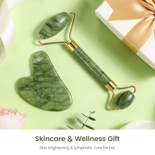 MANLENO Jade Roller & Gua Sha Set - Natural Jade Face Roller Facial Massage Skincare Tools for Women,Reduce Puffiness and Fine Lines (Forest Green) — view 6