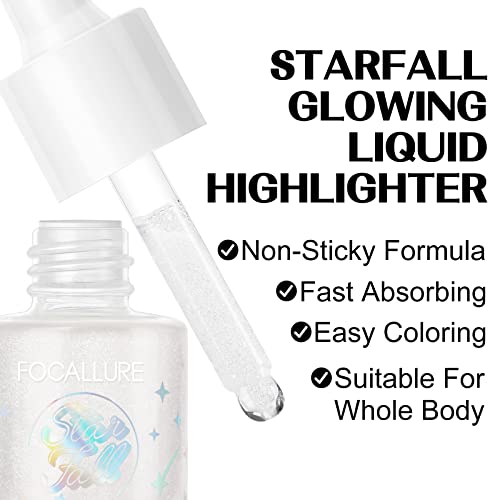 Focallure Starfall Glowing Liquid Highlighter, Shimmering Body Oil, Non-Sticky Shimmer Liquid Luminizer, Non-Greasy, Face & Body Glitter Makeup For Costumes, Cosplay, Rave Festival, Moon Child #TOP2