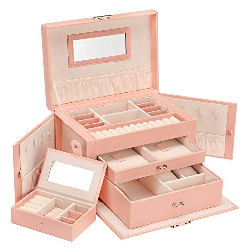 Preisvergleich Produktbild SONGMICS Schmuckkasten, Schmuckkästchen mit 2 Schubladen, abschließbarer Schmuck-Organizer mit Spiegel, herausnehmbare Reise-Box, für Ringe, Armbänder, Ohrringe, Samtfutter, orange JBC121OG