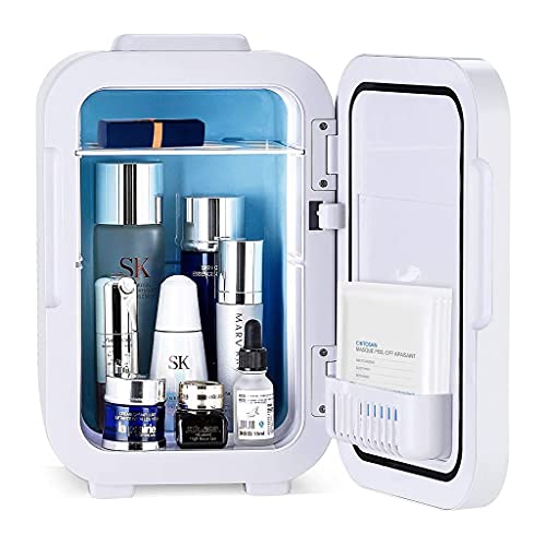 JIAX Mini Makeup Beauty Refrigerator, Mini Fridge 8L Portable Cosmetic Fridge 2 in 1 Camping Fridge 12V / 220V Make-Up Mirror Skin Care Fridge with LED Light