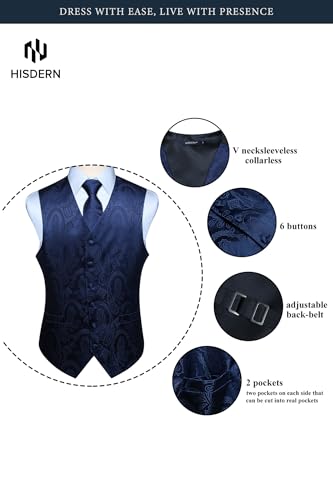 Image of HISDERN Mens Vest Tie Set 3PC Formal Waistcoat Paisley Floral Jacquard Necktie Pocket Square Suit Vests Wedding Party