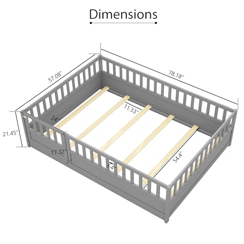 Image of Bellemave Full Kids Montessori Floor Bed Frame with Slats,Gray
