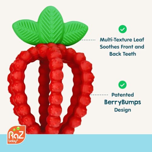 Image of RaZbaby Silicone Infant & Baby Teething Toy, Textured BerryBumps Soothe Babies Sore Gums, RaZberry Bites Relief Teether, Back & Front Teeth, BPA Free, Fruit Shape for Babies 3M+ (Red & Blue)
