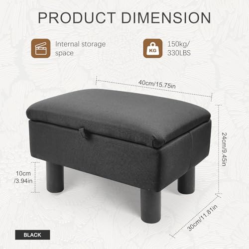 Gemsaya Leinen Pouffe-Fußhocker mit Stauraum, Leinenstoff-Pouf mit Holzbeinen, Aufbewahrungsbox Sitzwürfel mit Deckel für Wohnzimmer Schlafzimmer Flur (Schwarz)