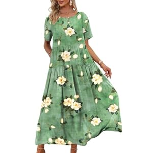 YESNO Damen Kleider Freizeit Lose Sommerkleid Lang Boho Maxikleid für Rundhals Strandkleid Blumenkleid EJFDE