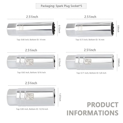Image of 5PCS Car Magnetic Spark Plug Socket Set,Thin Wall & 6-point 14mm 16mm 13 /16 inch 9 /16 inch 5 /8 Spark Plug Socket,3 /8 inch Drive Car Sparks Plugs Sockets Automotive Accessories