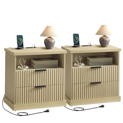 VASAGLE MAXE Collection - Set of 2 Nightstands with Charging Station, Fluted Night Stand, Bedside Table, Side End Table with 2 Drawers, 2 AC Outlets, 2 USB Ports, Transitional, Oak Beige ULE