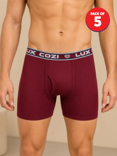 Image of Lux Cozi Men's Long Trunk Underwear Pack of 5 | Premium Super Combed Cotton Boxer Briefs for Men | Breathable,Moisture-Wicking | Soft Waistband | Comfortable Innerwear | Color May Vary