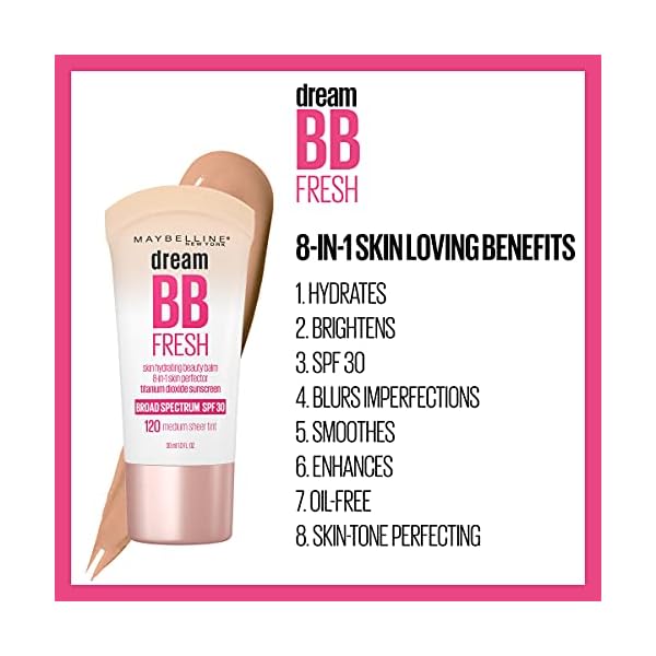 Maybelline-Dream-Fresh-Skin-Hydrating-BB-cream-8-in-1-Skin-Perfecting-Beauty-Balm-with-Broad-Spectrum-SPF-30-Sheer-Tint-Coverage-Oil-Free-LightMedium-1-Fl-Oz Maybelline Dream Fresh Skin Hydrating BB cream, 8-in-1 Skin Perfecting Beauty Balm with Broad Spectrum SPF 30, Sheer Tint Coverage, Oil-Free, Light/Medium, 1 Fl Oz