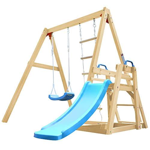 KZPFER Wooden Swing Set with Slide, Outdoor Playset Backyard Activity Playground Climb Swing Outdoor Play Structure for Toddlers, Ready to Assemble Wooden Swing-N-Slide Set Kids Climbers