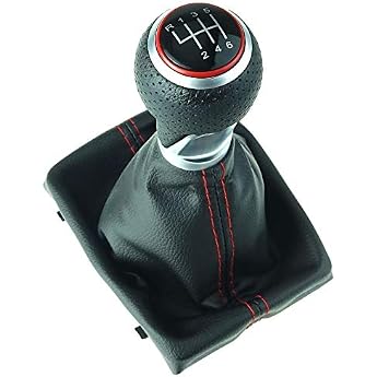 DoLED Perforated Gear Knob + Gear Gaiter + Frame - Leather - Red Stitching - 6 Gear Replacement Part Chrome High Gloss Look