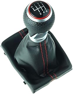 DoLED perforierter Schaltknauf + Schaltsack + Rahmen - Leder - rote Naht - 6 Gang Ersatzteil Chrom-Hochglanz Look