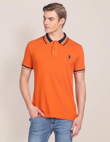 Image of U.S. POLO ASSN. Solid Slim Fit Cotton Polo T Shirt for Men - Breathable, Half Sleeves Mens Tshirt - 5XL, Orange