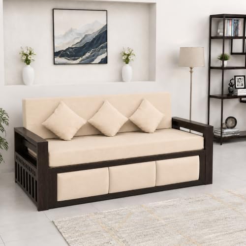Image of SONA ART & CRAFTS Zeus Sheesham Wood 3 Seater Sofa Cum Bed | Wooden 3 Seater Sofa for Living Room Wooden Furniture Sofa Bed for Home (Walnut Finish)