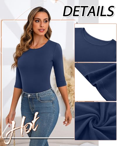 Huukeay 5 Pack Women's Elbow Sleeve Tops 3/4 Sleeve Cotton Round Neck T-Shirt Slim Fit Casual Stretchy Tunic Basic Tees Bulk4