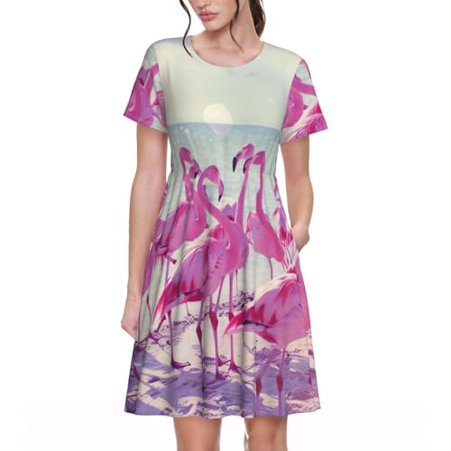 Robe d'été légère anti-chaleur à manches courtes motif flamants roses plage