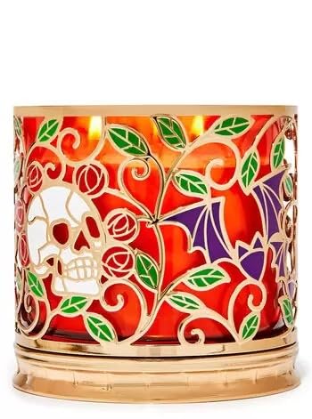 White Barn Enchanted Skull and Roses 3-Wick Candle Holder