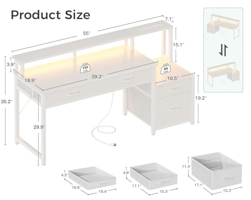 AODK Computer Desk with 4 Drawers, 55 Inch Reversible Desk with Led Lights & Power Outlet, Office Desk with File Drawer & Monitor Stand, Work Table for Home Office, White
