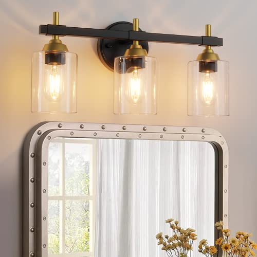 AXHODSME 3-Light Bathroom Light Fixtures, Black and Gold Bathroom Vanity Light, Modern Bathroom Lights Over Mirror with Clear Glass Shade, Vanity Lights for Bathroom Living Room