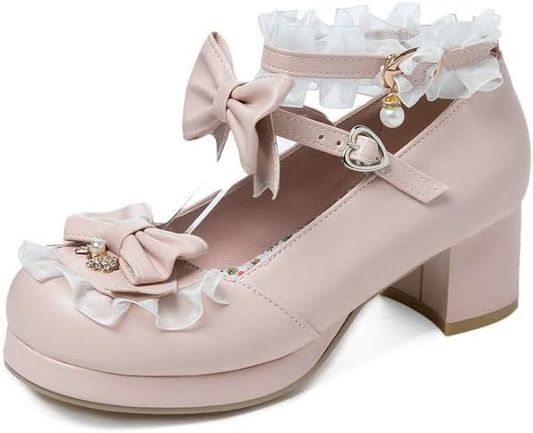 SACFOF Women Cute Lolita Shoes Platform Mary Janes Kawaii Strappy Ankle Strap Sweet Pumps Lace Cross Tied Dress Shoes