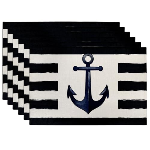 Lot de 6 sets de table motif ancre nautique, bleu marine à rayures de style côtier pour salle à manger d'été, intérieur ou extérieur, fête décorative antidérapante et lavable