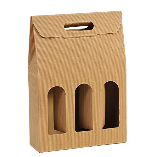 Boîte valisette carton ondulé 3 bouteilles coffret cadeau vin kraft havane avec poignée