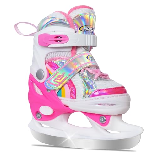 Nattork Girls Ice Skates for Kids 4 Size Adjustable Butterfly Ice Skate with Fleece Lining for Outdoor & Rink Rainbow Small(10C-13C)