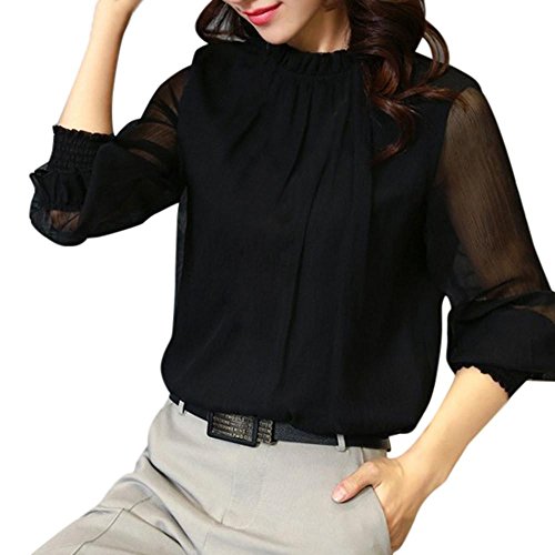 Toamen Mujeres Chiffon Elegante Suelta Volantes Manga Larga Blusa Camiseta Casual Tops (XL, Negro)
